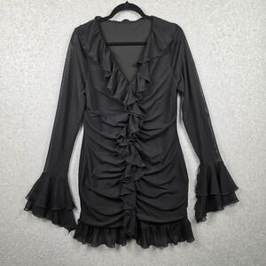 Ruffle Mesh Dress Womens Small Black Bell Sleeve Ruched Bodycon Mini Party
